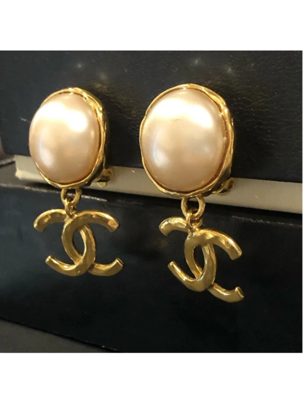 CHANEL Interlinked CC 24k Gold Plated and Cream Mabe Pearl Drop Clip-On Earrings